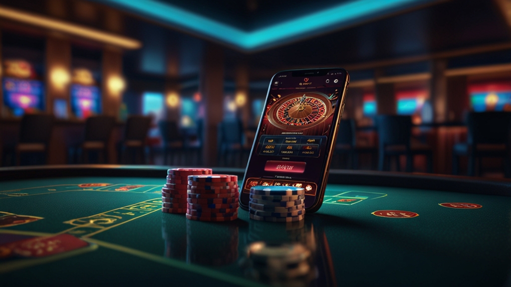 Smartphone mit Installationsbildschirm in dunkler Casino-Atmosphäre