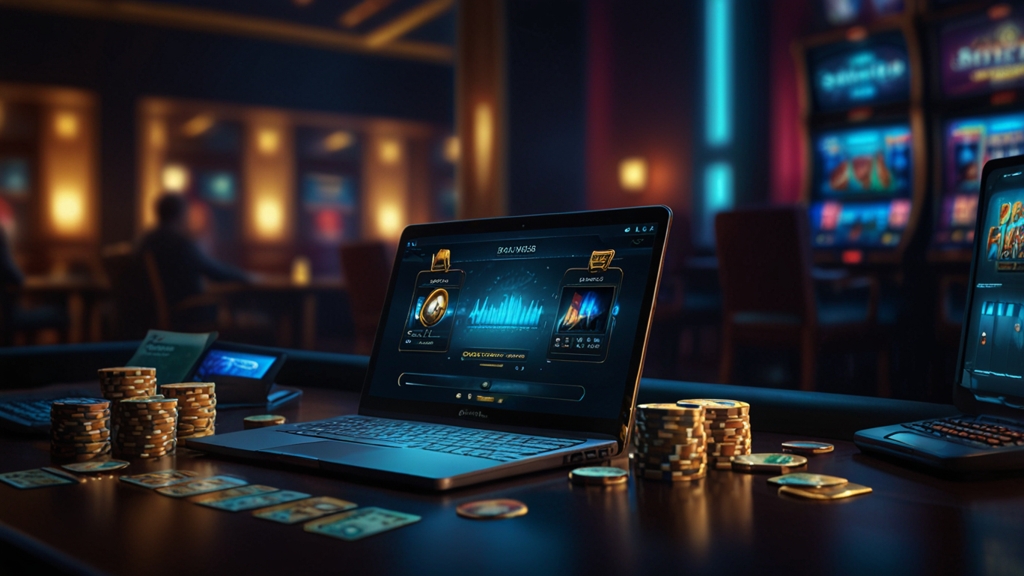 Spieler vergleicht Einzahlungsmethoden an einem dunklen Casino-Arbeitsplatz