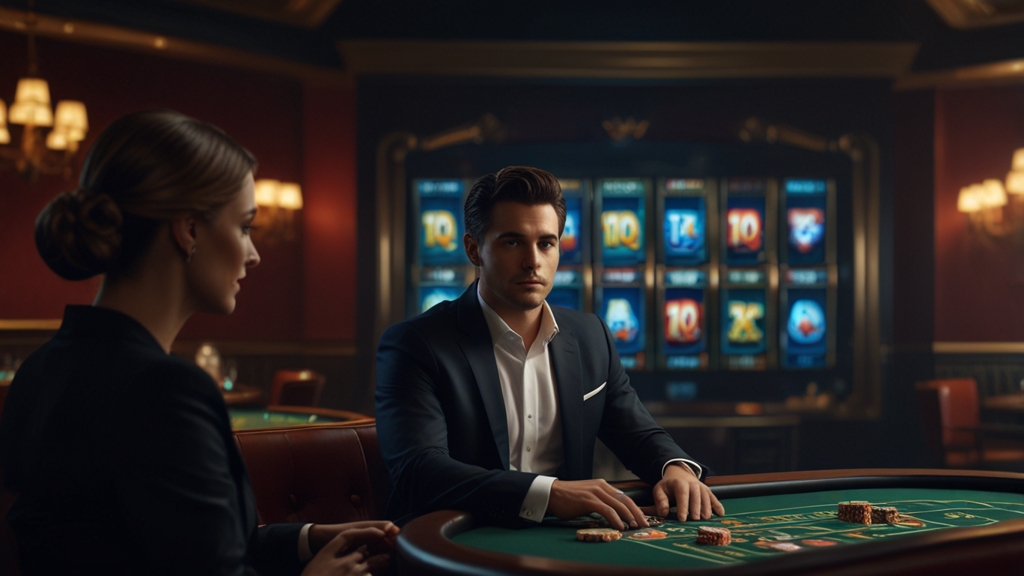 Spieler liest Auszahlungserfahrungen auf einem Bildschirm in dunkler Casino-Atmosphäre